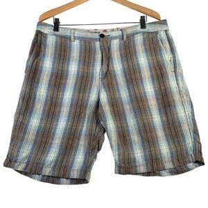 Tommy Bahama Shorts Mens 36 Brown Green Blue Plaid Linen Tencel‎ Blend 8" Inseam